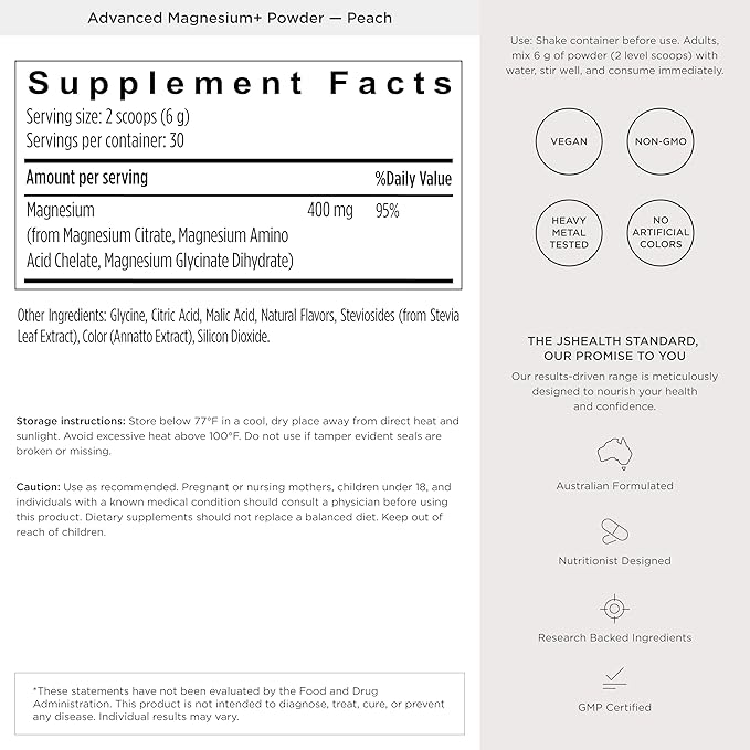 JSHealth Magnesium Powder for Sleep. 400mg Triple-Form Glycinate, Citrate, Amino Acid Chelate. Raspberry Lemonade. By Nutritionist Jessica Sepel (30 Servings) - Peach