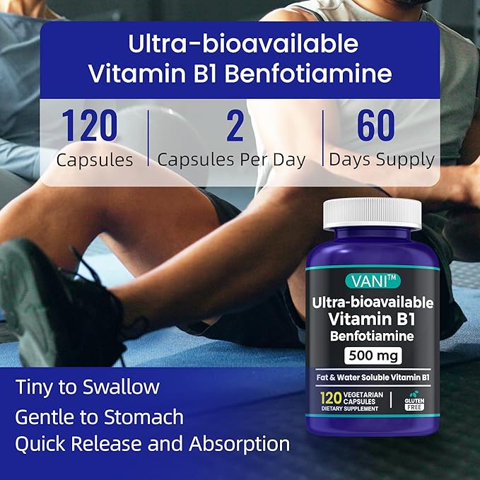 VANI 500MG Benfotiamine with B1, 5X Time Fat & Water Soluble Thiamine B1 Supplement – Third Party Tested, No Gluten (120 Capsules)