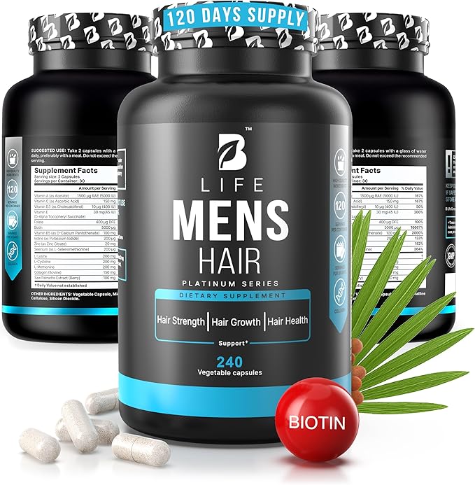 Men’s Hair Growth Supplement – Biotin & Collagen Hair Vitamins for Men – Thicker, Fuller Hair, Nail & Scalp Support – Hair Loss Supplement with Zinc, Selenium & Vitamins A C D E – 240 Capsules