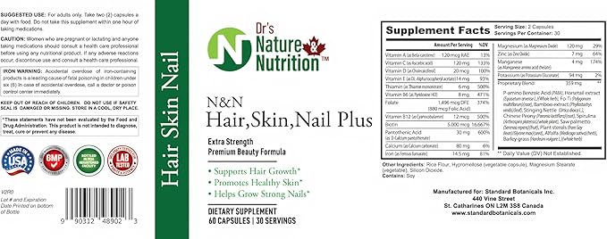 Dr's Nature & Nutrition Hair, Skin & Nail Plus Vitamin Supplement with Biotin 5000mcg, Bamboo Extract, Collagen Support - Extra Strength Beauty Supplement for Men and Women - 60 Capsules