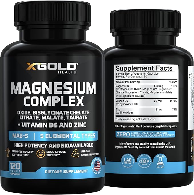 Magnesium Complex 5-in-1 with Zinc & B6 – High Absorption (Glycinate, Citrate, Malate, Taurate, Oxide) – Muscle Recovery, Energy, Sleep Support & Immune Health – Made in USA