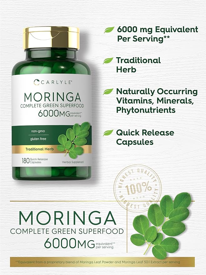 Carlyle Moringa Oleifera Supplement | 180 Capsules | Complete Green Superfood for Women and Men | Non-GMO and Gluten Free | from Moringa Leaf Powder