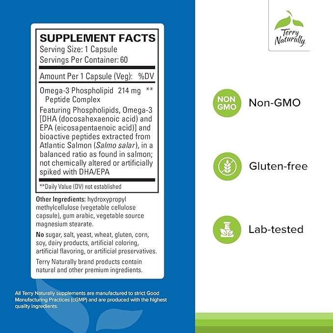 Terry Naturally Vectomega - Dietary Supplement with EPA & DHA - Omega-3 Capsules for Brain & Heart Health Support - Nutritional Supplement with Essential Fatty Acids & Peptides - 60