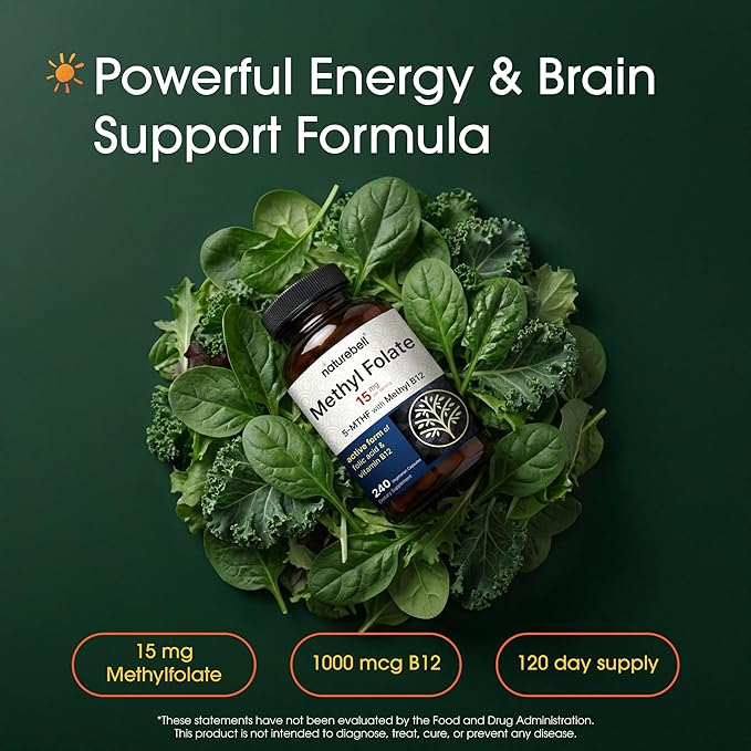 NatureBell Methyl Folate 15mg - 240 Capsules - 5-MTHF with Methyl B12-15mg L-Methylfolate & 1,000mcg Vitamin B12 - Energy & Cognitive Support Supplement* - Gluten-Free & Non-GMO