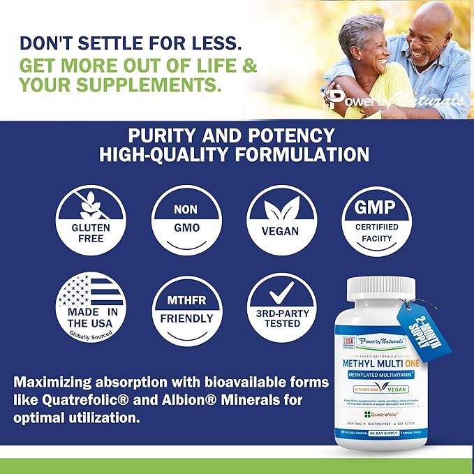 Power By Naturals Methyl Multi One – Iron-Free Methylated Multivitamin with Methyl B12, 5-MTHF, CoQ10 & Zinc – Methylation Support for Men & Women – 120 Capsules, 2-Pack (4-Month Supply)