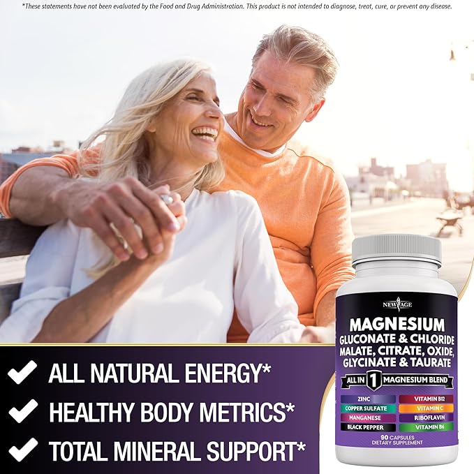 NEW AGE Magnesium Supplement -Powerful Glycinate Citrate Malate Oxide Taurate Aspartate Gluconate Orotate & Mag Chloride Manganese Bone Health and Bone Strength, Joint Support- 270 Count
