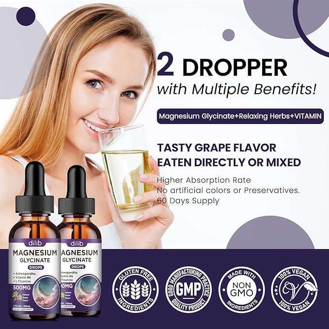 (2 Pack) Magnesium Glycinate Liquid Drops 500mg, with Vitamin B6, Ashwagandha, L - Theanine, Chamomile, Magnesium Glycinate Supplement High Absorption for Sleep, Stress, Energy Mood - Grape Flavor