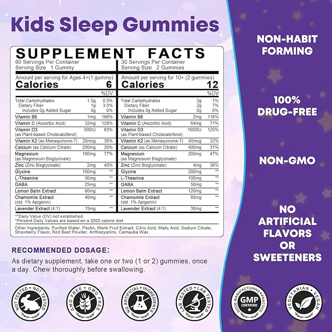 Kids Sleep Gummies, Magnesium Bisglycinate 100/200 mg + 200/400 mg Calcium Citrate for Kids 4+, w/L-Theanine, B6, Zinc, D3K2 & GABA, Lemon Balm, Chamomile Extract for Zzz & Relax, Bone, Muscle -2 Pack
