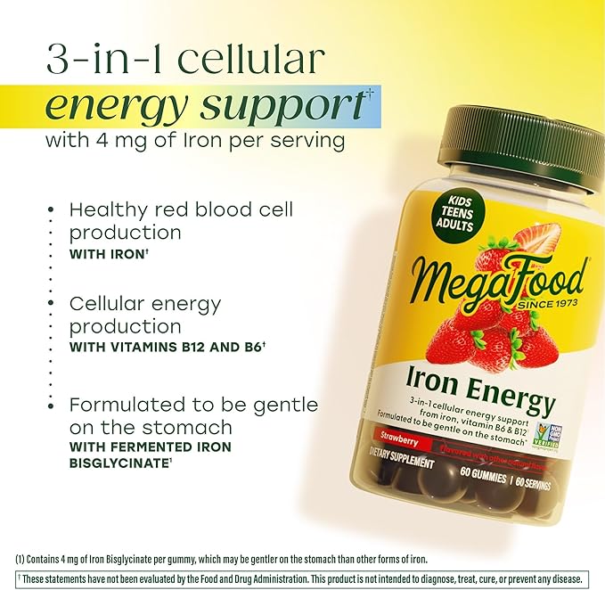 MegaFood Iron Energy Gummies, Iron Supplement for Women, Men, Teens & Kids with Vitamin B12 & B6, Vitamins, from The Makers of Blood Builder Supplement, Strawberry Flavor, 60 Count