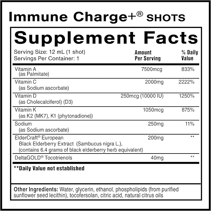 Quicksilver Scientific Immune Charge+ - Portable Wellness with Elderberry, Vitamin C, E, K1, K2, 10,000 IU Vitamin D for Optimal Immune System Support (12 Single Serving Shots)