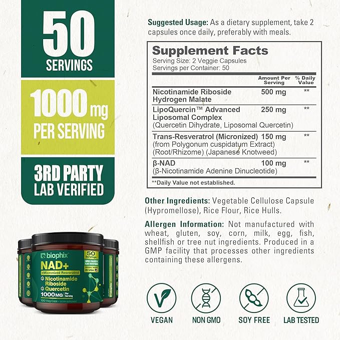 biophix NAD+ Liposomal Supplement for Women & Men - 1000 mg per Serving - Nicotinamide Riboside, Micronized Resveratrol & Quercetin Complex - 100 Veg Capsules - Non-GMO, Gluten-Free, cGMP Certified