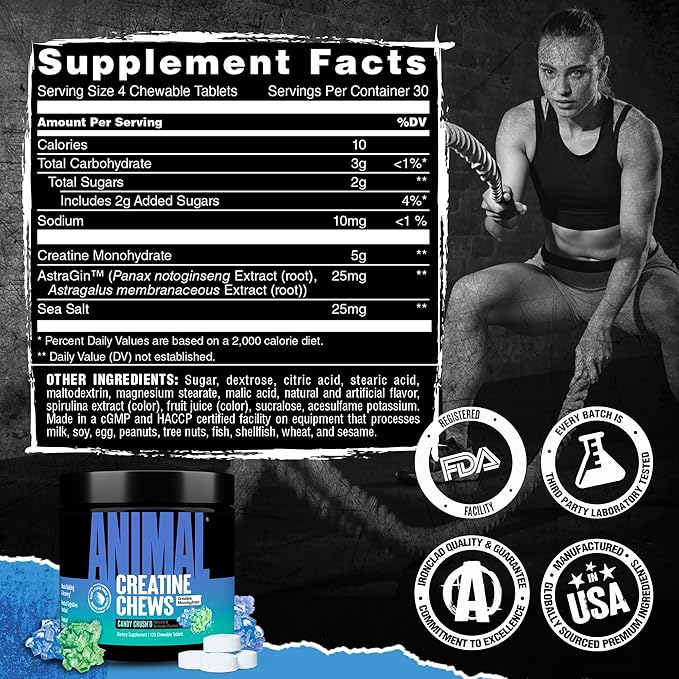 Animal Creatine Chews – Enhanced Creatine Monohydrate Chewable Tablets with AstraGin & Sea Salt, Max Absorption Pre Post-Workout, Lean Muscle Growth, Strength & Recovery, New Flavor Candy Crush’d