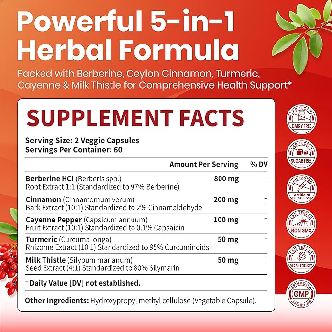 VEV Berberine Supplement with Ceylon Cinnamon, Cayenne Pepper, Turmeric, Milk Thistle, Vegan & Non-GMO – 120 Capsules