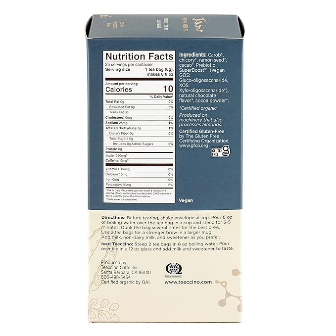 Teeccino Dark Chocolate - Prebiotic SuperBoost™ Herbal Tea - 25 Tea Bags - Support Your Probiotics with Vegan GOS & Organic XOS For Good Gut Health and Regularity, Digestive Chocolate Tea, (Pack of 3)