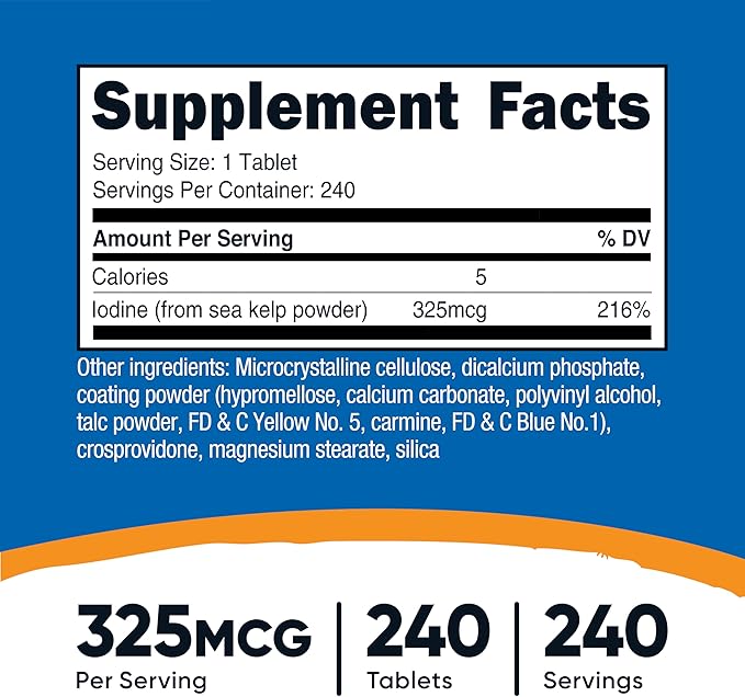 Nutricost Iodine (Natural Iodine from Sea Kelp) 325mcg, 240 Tablets - Non-GMO, Gluten Free