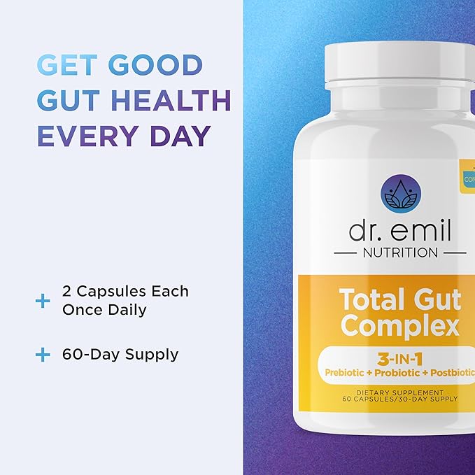 DR. EMIL NUTRITION Women & Men Total Gut Health Complex | Prebiotic + Probiotic + Postbiotic Gut Health Supplements | Probiotics Digestive Health & Gut Health | 120 Capsules