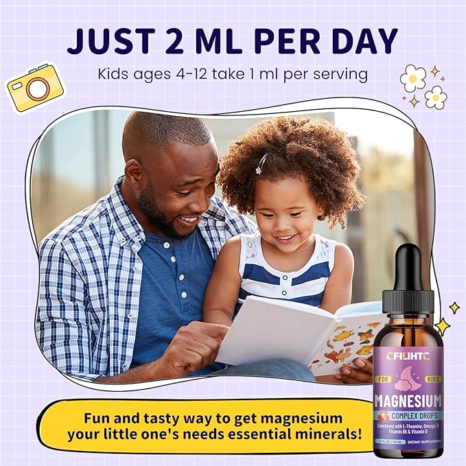 Kids Magnesium Liquid Drops-Magnesium Glycinate Liquid for Kids Supplement-w/L-theanine, Omega-3, Vitamin B6, D3 - for Sleep, Relaxation, Brain, Bones - 2 Fl Oz Children's Calm, Strawberry Flavor