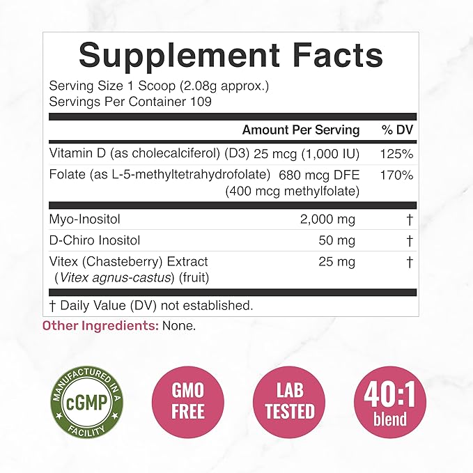 Myo-Inositol & D-Chiro Inositol Supplement Powder for Women | 40:1 Ratio with Methylfolate, Vitamin D3 & Vitex | Supports Hormonal Balance & Ovarian Health | Non-GMO | 8oz (109 Servings)