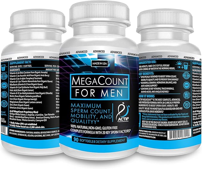 ACTIF MegaCount for Men - Maximum Fertility Support and Sperm Count Booster, Clinically Proven to Improve Sperm Count and Motility - Non-GMO, Made in USA, 90 Count