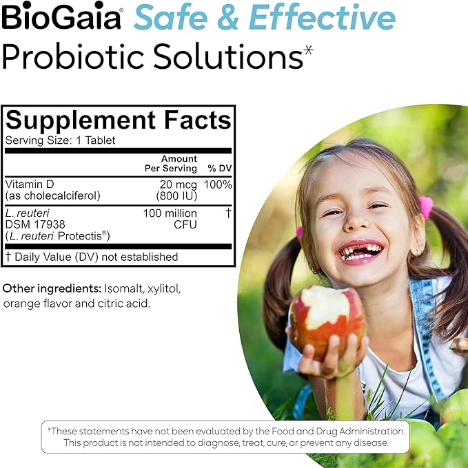 BioGaia Immune Active Kids | Probiotic + Vitamin D | for Digestive & Immune Health | Ages 3+ | Allergen, Dairy, Soy & Gluten Free | Trusted By Pediatricians | 30 Day Supply | Orange Flavored Chewable