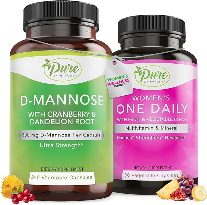 Pure By Nature Bundle Pack of 600mg D Mannose 240 Capsules & One Daily Multivitamin for Women 60 Capsules Supplements, Immunity & Urinary Tract Health Support Women’s Wellness Bundle