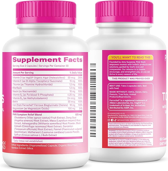 Pink Stork PMS Supplement for Women - Vitex, Ashwagandha, Maca Root & 10 Vitamins & Minerals to Support Hormone Balance, Mood, Bloating, Period Regularity - 60 Capsules