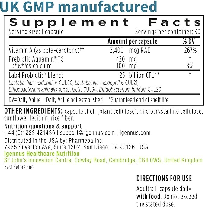 Igennus Probiotics & Prebiotic 2 in 1, Lactobacillus Acidophilus & Bifidobacterium, Gut Health Support, Live Cultures+ Lab4, Guaranteed 25 Billion CFU, Women & Men, Non-Bloating, Non-GMO, 30 Capsules