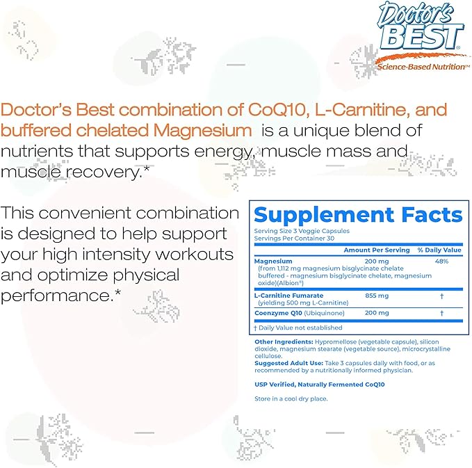 Doctor's Best CoQ10 L-Carnitine Magnesium Supplement - Energy & Exercise Support for Men & Women, Naturally Fermented Coenzyme Q10, Gluten Free, Soy Free, Vegan Formula - 90 Veg Caps