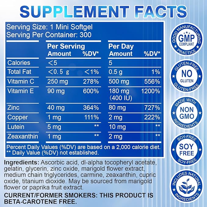 AREDS 2 Eye Vitamin & Mineral Supplement — Lutein and Zeaxanthin Supplement, Vitamin C & E, Zinc & Copper for Blue Light Protection, Eye Health Support, Eyebright , Eye Doctor Trusted — 300 Softgels