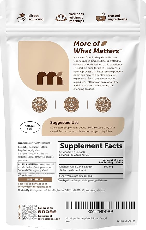 Micro Ingredients Odorless Garlic, 150 Softgels | 2 Years Aged Garlic Extract | Grown Allium Sativum Bulb | Natural Herbal Supplements | Non-GMO, Gluten Free