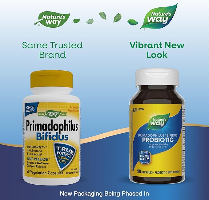 Nature's Way Primadophilus Bifidus Probiotic, Supports Digestive Flora*, 5 Billion Live Probiotic Cultures per Capsule, Lactobacilli, Bifidobacteria, 90 Capsules (Packaging May Vary)