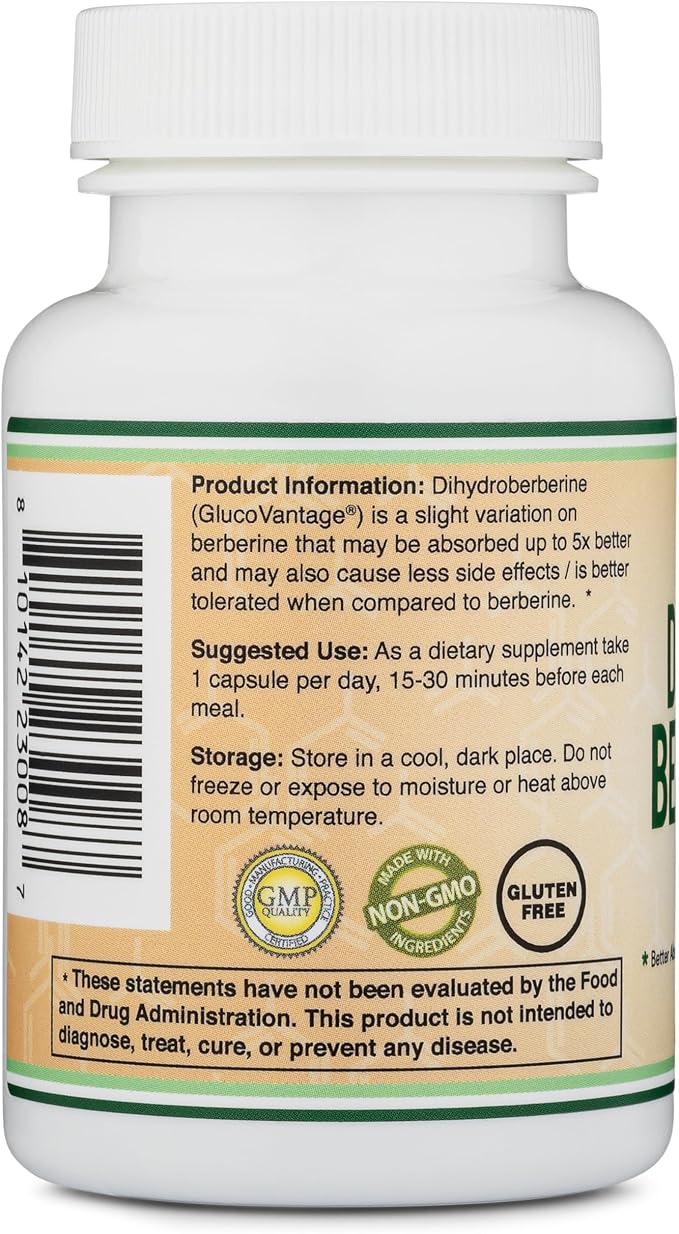 Dihydroberberine Supplement 100mg, 60 Capsules (Patented GlucoVantage Super Berberine, May be 5X More Effective Than Berberine with Less Side Effects) Third Party Tested, Vegan Safe by Double Wood