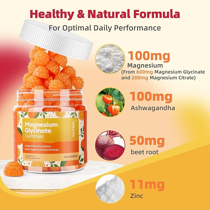 90 Count Magnesium Glycinate Gummies w/Ashwagandha Supplement - Sugar Free Zinc Magnesium Glycinate Supplement Ashwagandha Gummies for Adults Orange Flavor