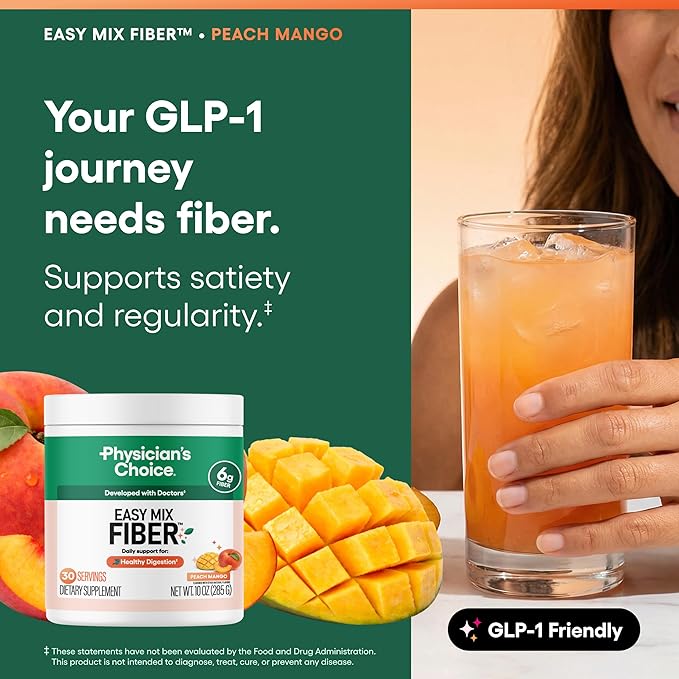 Physician's CHOICE Easy Mix Fiber for Digestive Health & Regularity - No Grit - Daily Prebiotic Soluble Fiber Powder Supplement for Women and Men - Peach Mango - 30 Servings