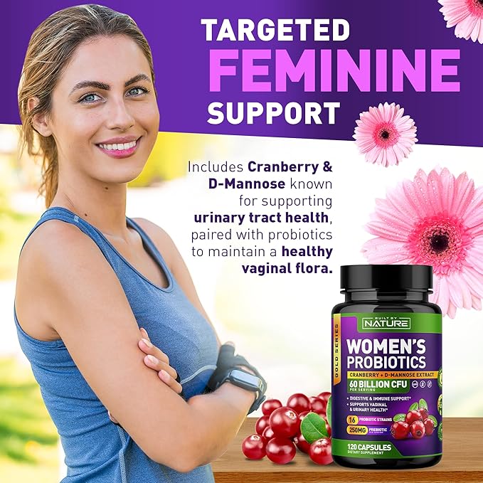 Probiotics for Women - 60 Billion CFUs, 16 Strains, with Cranberry, D-Mannose & Prebiotics - Supports Digestive, Immune, & Vaginal Health - Non-GMO, Dairy & Gluten-Free - 120 Veggie Capsules