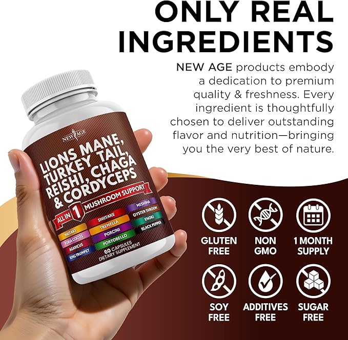 NEW AGE Lions Mane Mushroom Supplement with Turkey Tail Reishi Cordyceps Chaga with Marshmallow Root - 120 Count