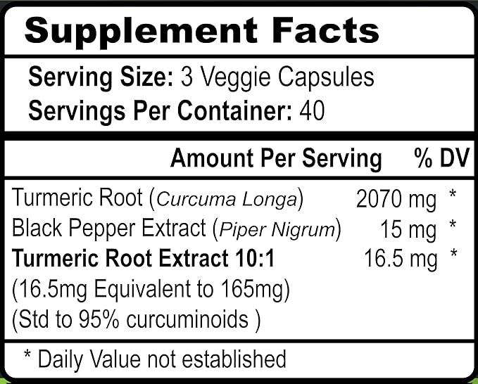 Viva Doria Turmeric Curcumin with Black Pepper Extract 2250mg, 95% Standardized Curcuminoids - Black Pepper for Max Absorption, 120 Vegetable Capsules