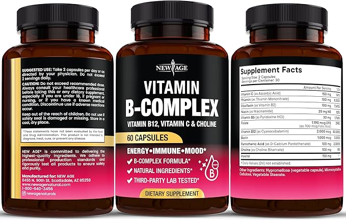 Vitamin B Complex for Men & Women - Made in USA - B-Complex: B1, B2, B3, B5, B6, B7, B8, B9, B12 with Vitamin C, Choline, Inositol - Energy, Brain & Heart Support Supplement - 60 Vegan Capsules