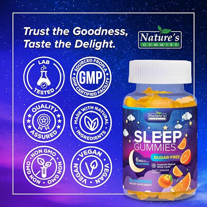 Sleep Gummies for Adults - Sugar Free Melatonin 6 MG Per Serving Gummy Supplement - Natural Zero Sugar Sleeping Gummy for Adults & Kids, Orange Flavored, Extra Strength Sleep Support - 60 Gummies
