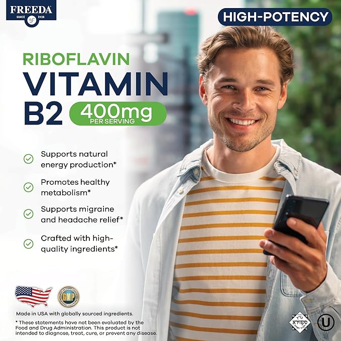 FREEDA Vitamin B2 400 mg Supplement with Riboflavin-5-Phosphate – High Potency B2 Vitamins Riboflavin 400mg per Serving for Energy, Metabolism & Nervous System – Vegan VIT B 2, Small Tablets (60 Ct)