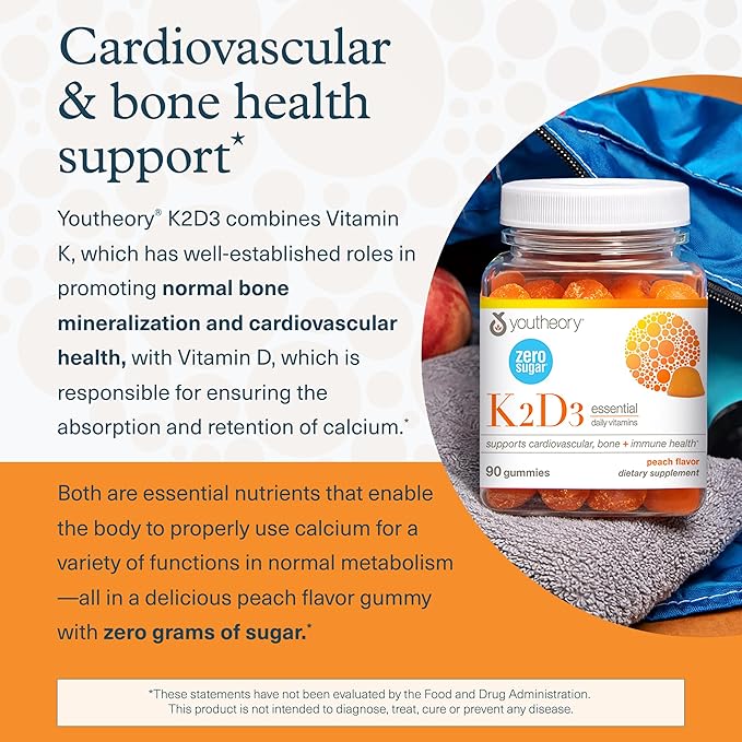 Youtheory K2D3 - Immune, Bone & Heart Health Support - Combines Vitamin D3 & Vitamin K2 - Dairy, Soy & Gluten Free - 90 Vegetarian Capsules