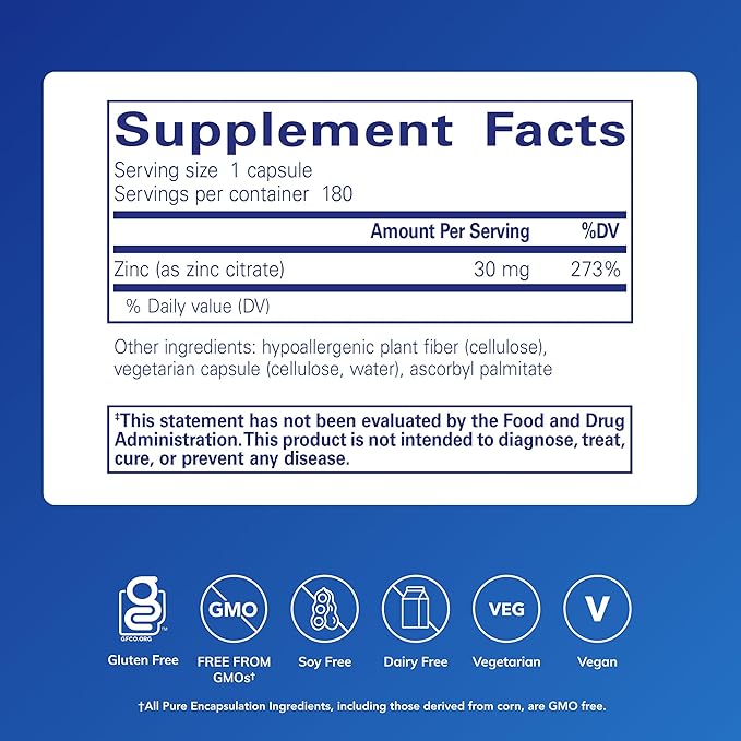 Pure Encapsulations Zinc (Citrate) - for Immune System, Tissue Development & Metabolism* - Mineral Supplement with Enzymes - Highly Absorbable Zinc - Vegan & Non-GMO - 180 Capsules