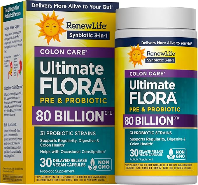 Renew Life Probiotic Colon Care Probiotic Capsules, Daily Supplement Offers Colon Support, L. Rhamnosus GG, Dairy, Soy and gluten-free, 80 Billion CFU, 30 Count