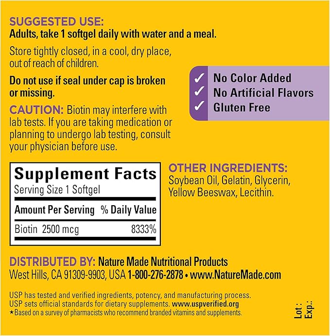 Nature Made Biotin 2500 mcg Extra Strength, Biotin Supplements Support Healthy Hair Skin & Nails, 150 Softgels, 150 Day Supply, (Pack of 2)
