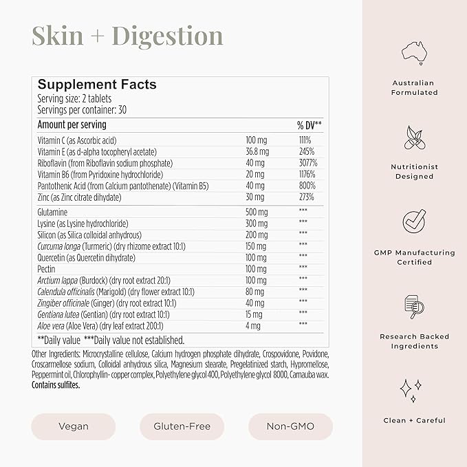 JSHealth Skin and Digestion Formula. Clear Skin Supplement with Zinc, Burdock, Turmeric. Supports Healthy Skin and Digestive Comfort. Vegan (60 Tablets)