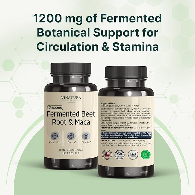 VINATURA Organic Fermented Beet Root with Maca, 1200MG - USA Made and Tested, 90 Capsules