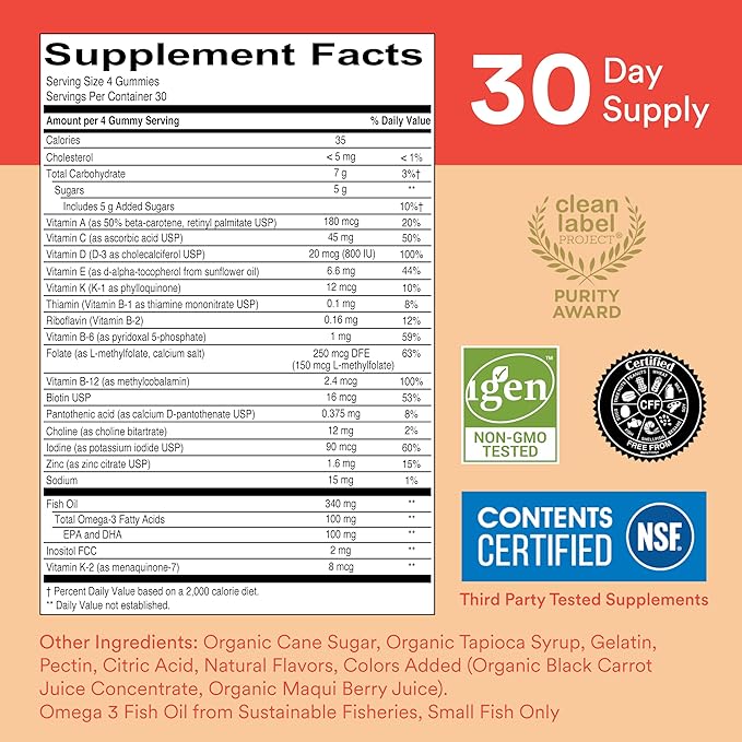SmartyPants Kids Multivitamin Gummies: Omega 3 Fish Oil (EPA/DHA), Beta Carotene, Vitamin B12, B6, A, K & Zinc for Immune Support, Biotin, Grape, Cherry & Berry Flavors, 120 Count (30 Day Supply)