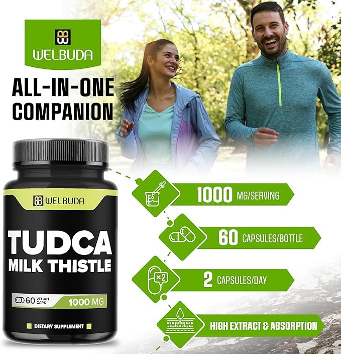 WELBUDA 1000mg Tudca Supplement with Milk Thistle Extract - 60 Vegan Capsules - Support for Immune System, Digestion Health, Body Purification & Brain Health
