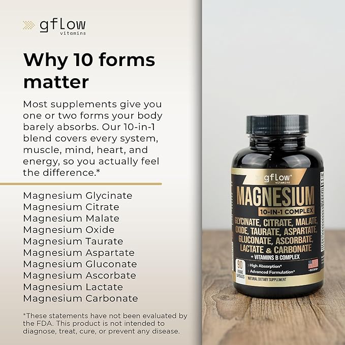 gflow vitamins Magnesium Complex Supplement - 10 Active Forms, Glycinate, Citrate, Malate, Oxide, Taurate, Aspartate, Gluconate, Ascorbate, Lactate, Carbonate, Plus More with Vitamin C B1 B2 B6 B12