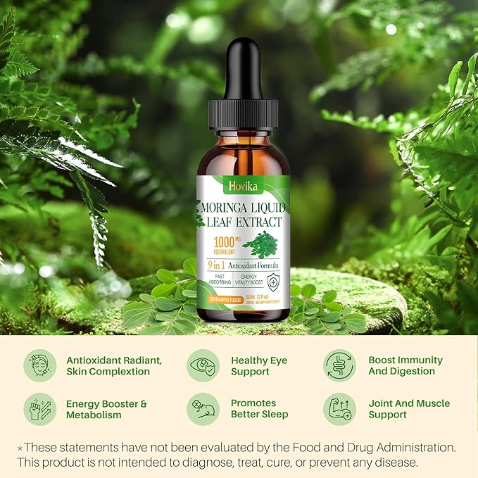 Moringa Leaf Extract Liquid Drops - Liquid Moringa Supplement 1000 mg with Turmeric, Quercetin, Elderberry, Sea Moss, Vitamin C & Zinc, for Energy Immune Antioxidant Digestive Support, 2 Fl Oz
